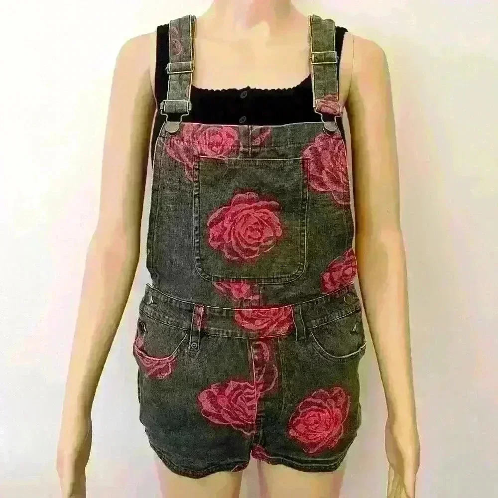 Thrills Red Roses Prints Streetwear Trendy Casual Black Denim Overall Shorts.